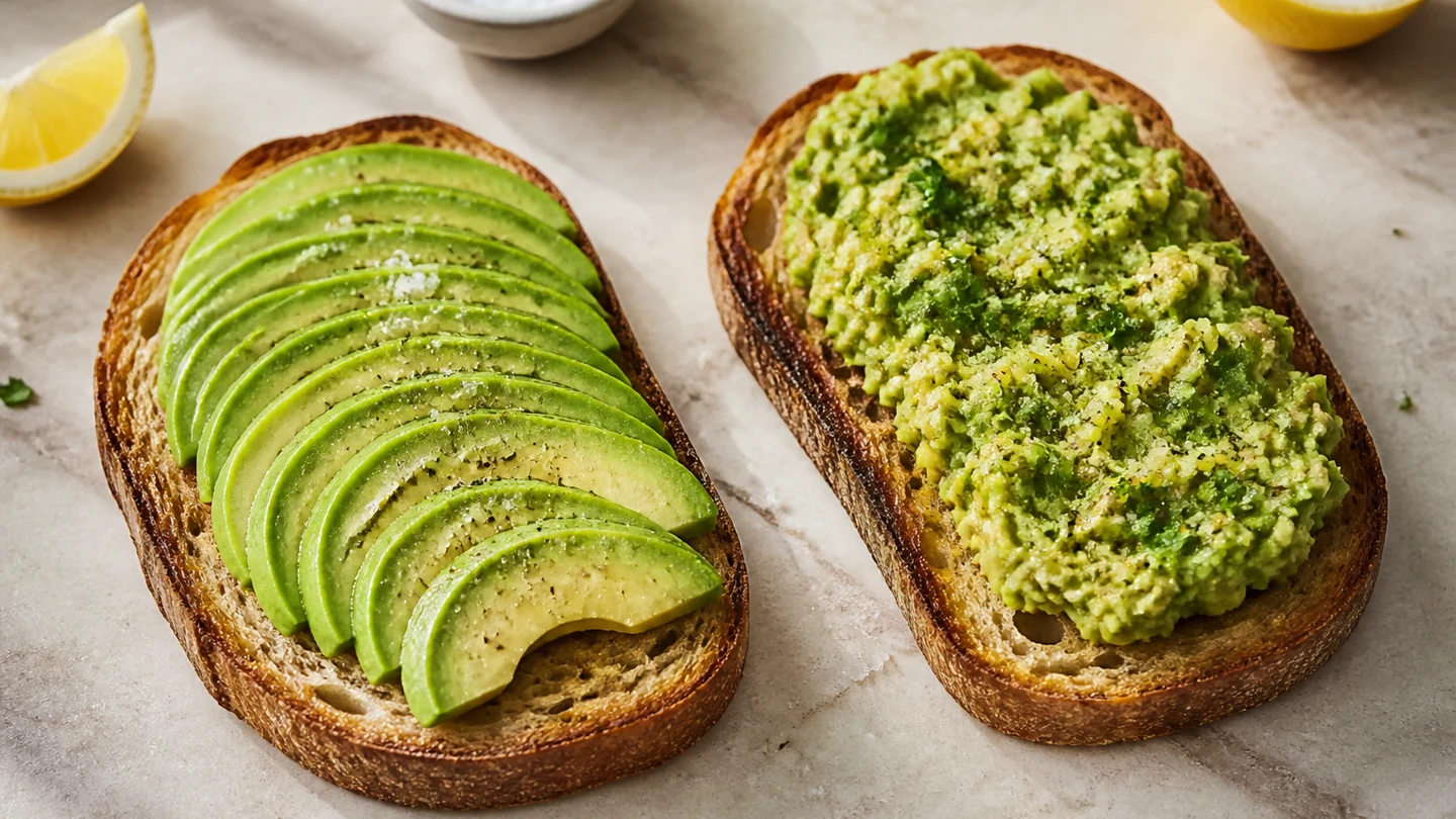 Sliced and mashed avocado preparations on crisp sourdough toast.