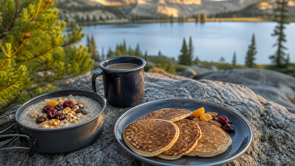 Backpacking breakfast with oats, dried fruit and a hot drink