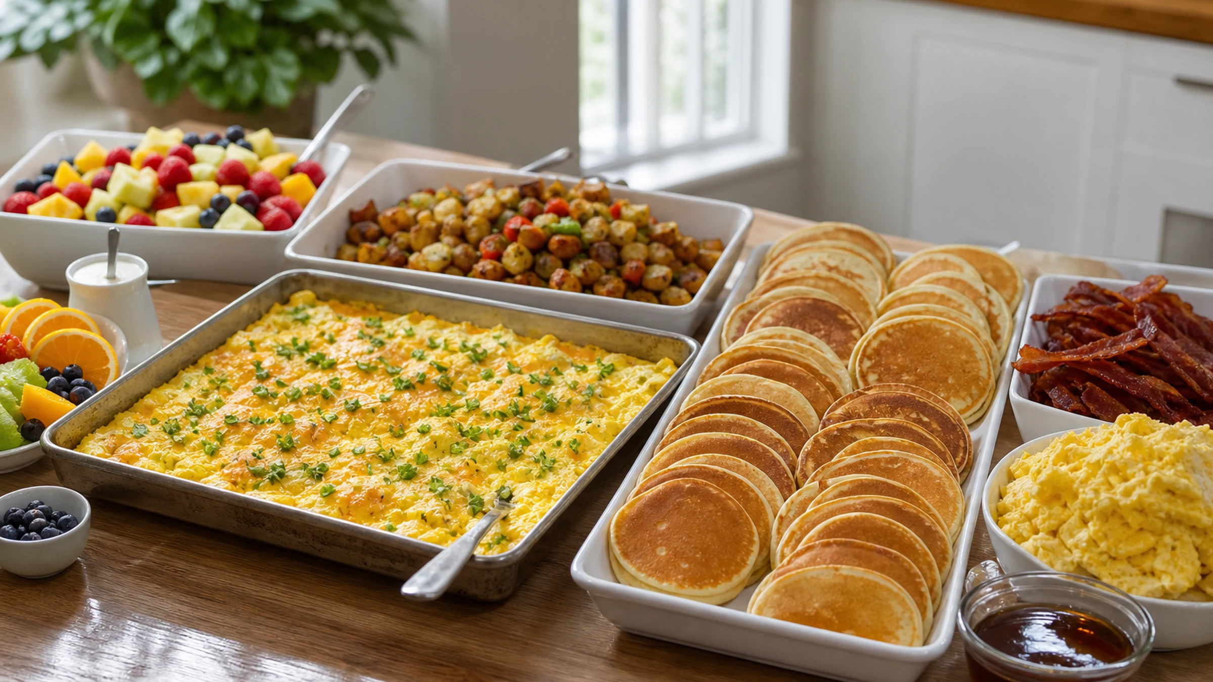 Crowd breakfast buffet with sheet-pan eggs, pancakes, fruit, and breakfast potatoes.