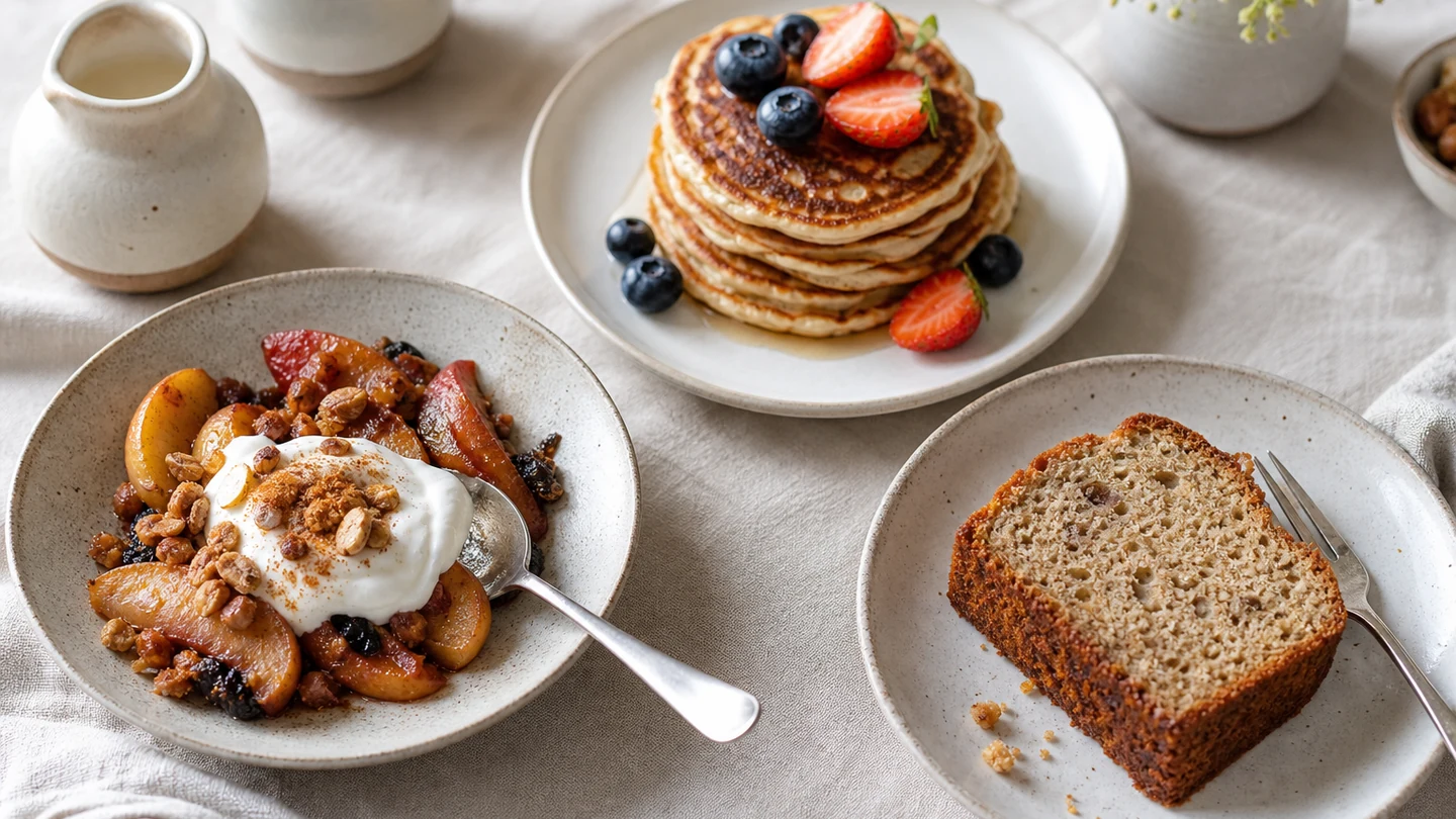 Baked fruit, pancakes and lightly sweet bread as breakfast-dessert formats.