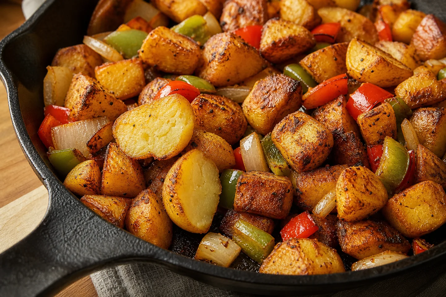 Breakfast fried potatoes in a skillet with a crisp browned surface