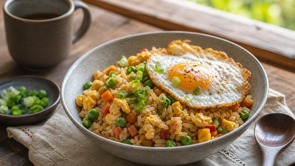 Breakfast fried rice with scrambled egg, vegetables, scallions, and fried egg.
