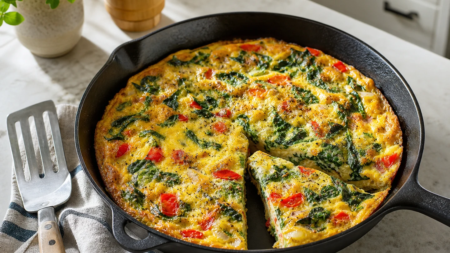 Golden vegetable breakfast frittata in an oven-safe skillet.