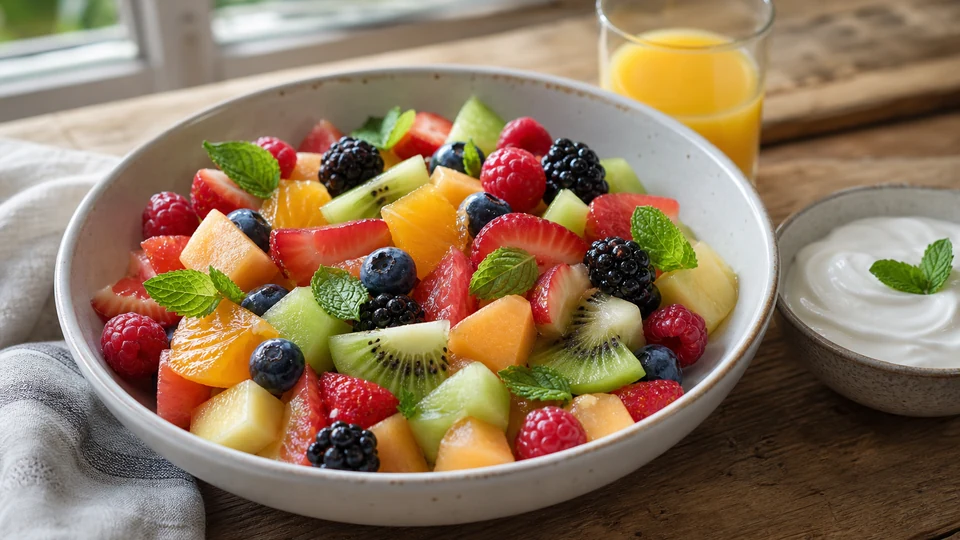 Breakfast fruit salad with berries, melon, citrus, kiwi, mint, and yogurt.