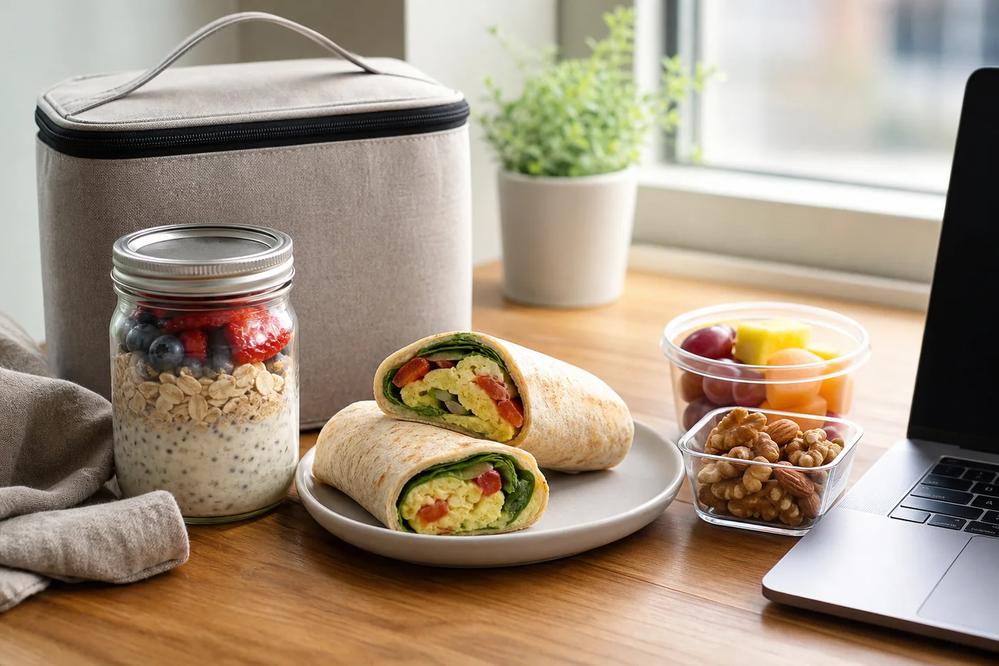 Prepared portable breakfast on a work-ready table