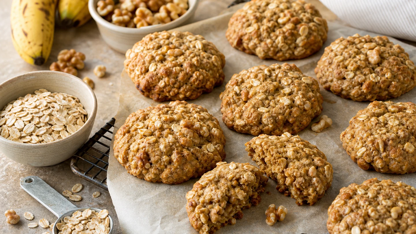 Oatmeal breakfast cookies with visible oats, banana and walnuts.