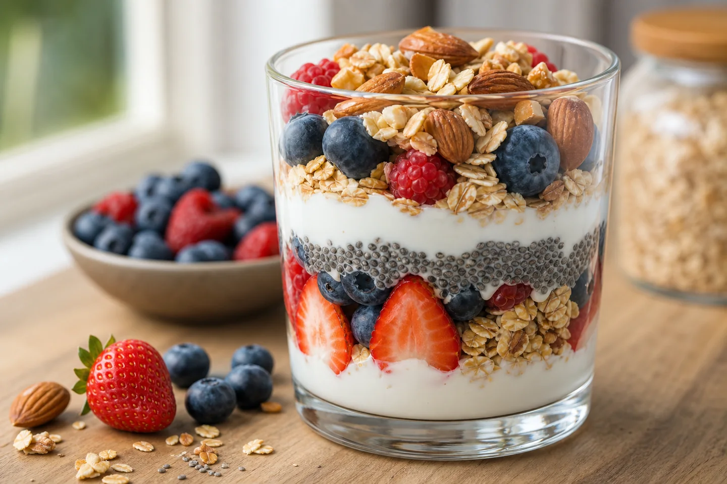 Breakfast parfait with a creamy base, berries, oats and a separate crisp topping.