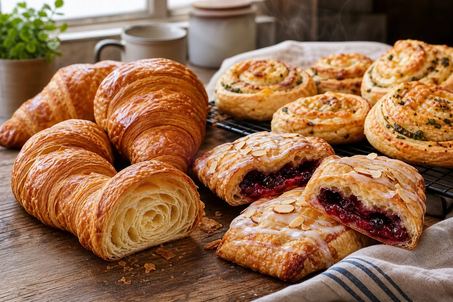 Freshly baked breakfast pastries on a breakfast table