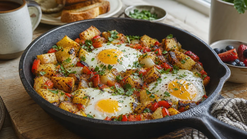 Cast-iron breakfast skillet with potatoes, peppers, onions, and set eggs.
