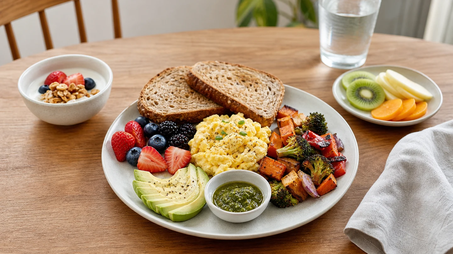 A flexible balanced brunch plate with separated optional components.