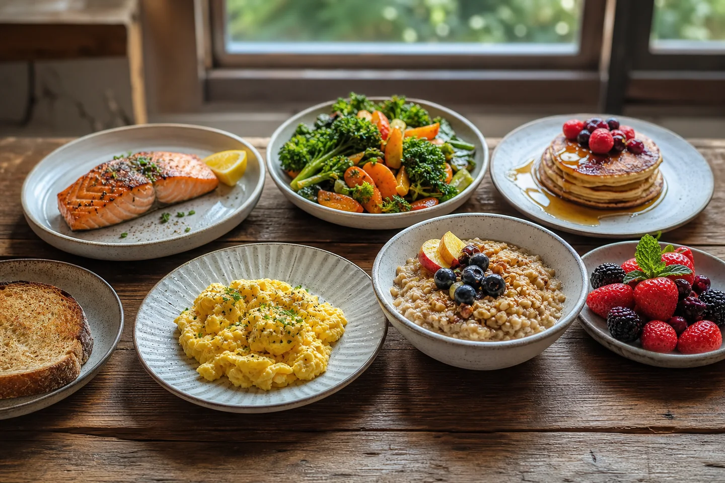 Brunch food options arranged on a table