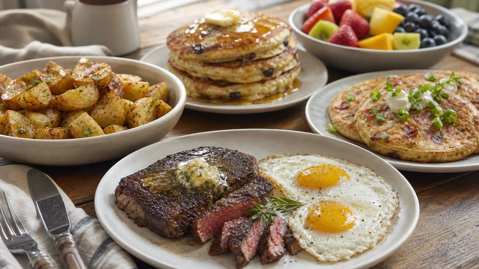Hearty brunch with steak and eggs, roasted potatoes, savoury pancakes, and fruit.