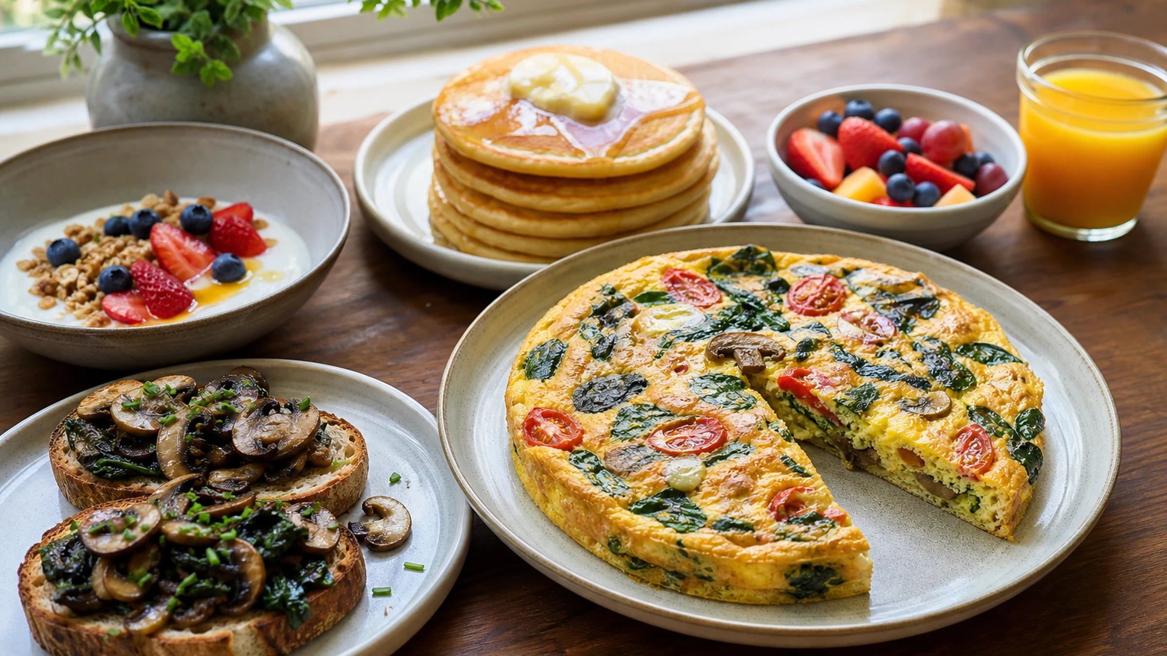 Vegetarian brunch with vegetable frittata, mushroom toast, pancakes, fruit, and yogurt.