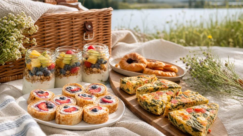Portable brunch picnic with frittata, pancake roll-ups, fruit jars, and pastries.