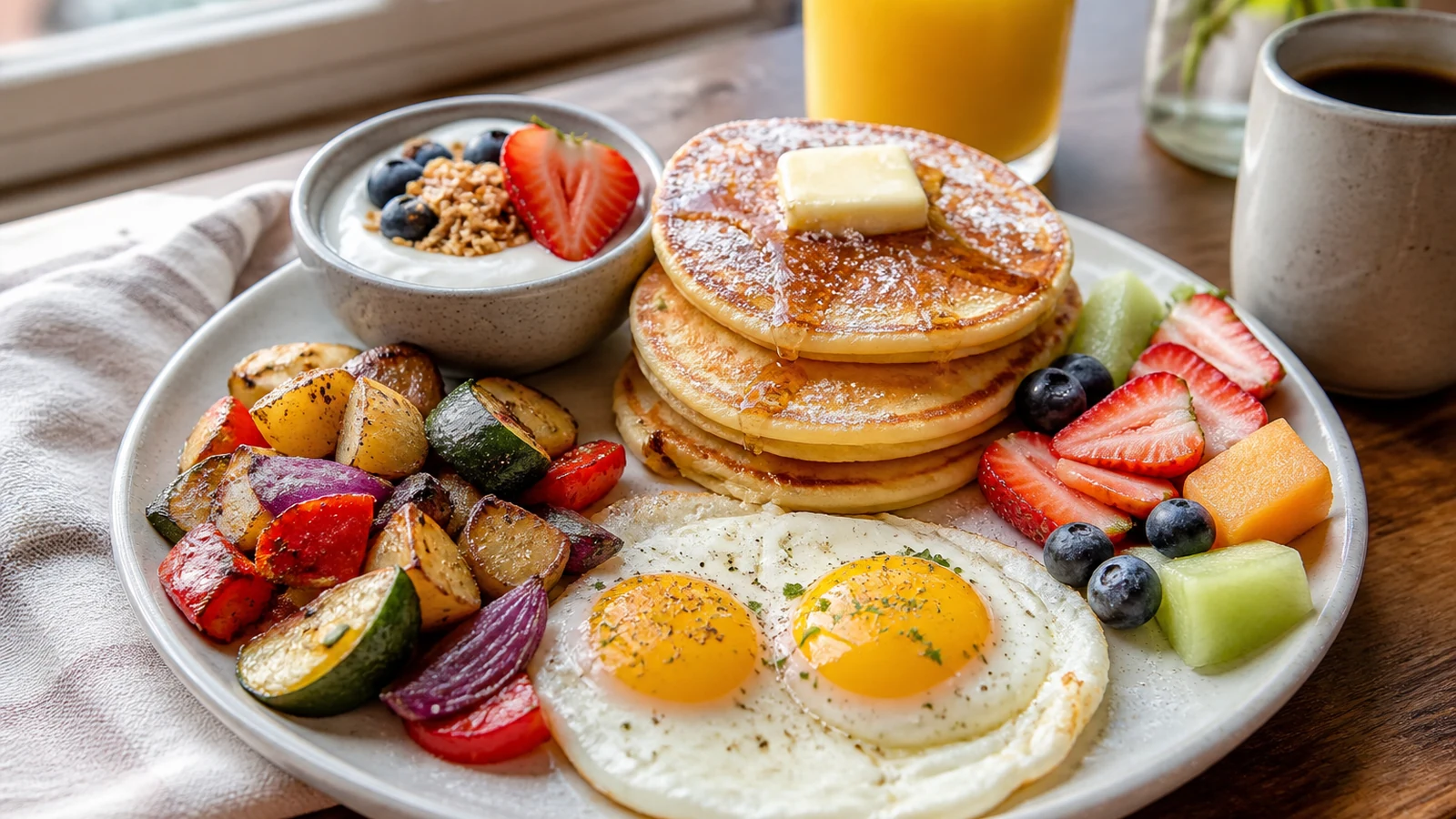 Balanced brunch plate with pancakes, eggs, roasted vegetables, fruit, and yogurt.