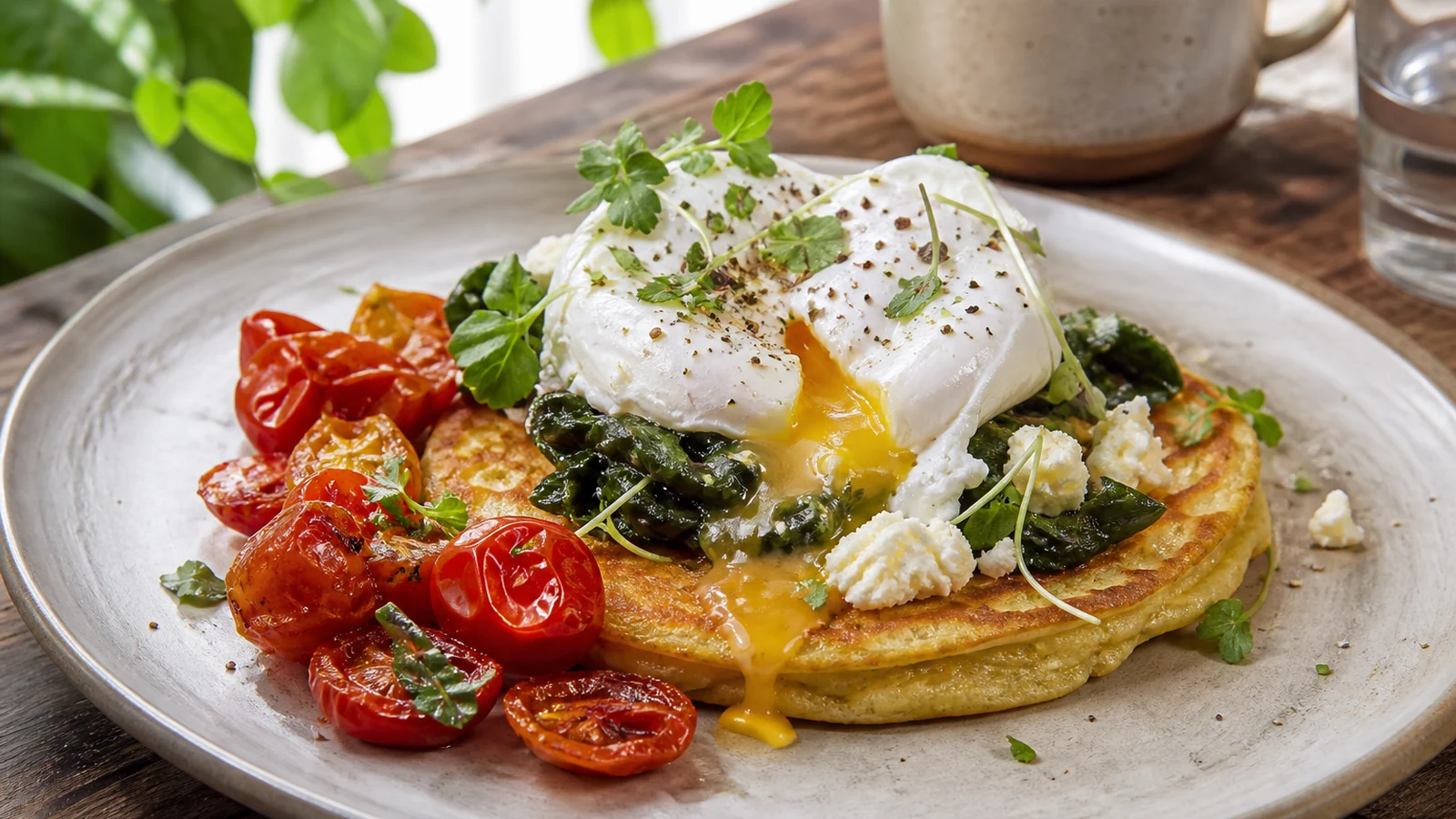 Brunch special with savory pancake, poached egg, greens, and roasted tomatoes.