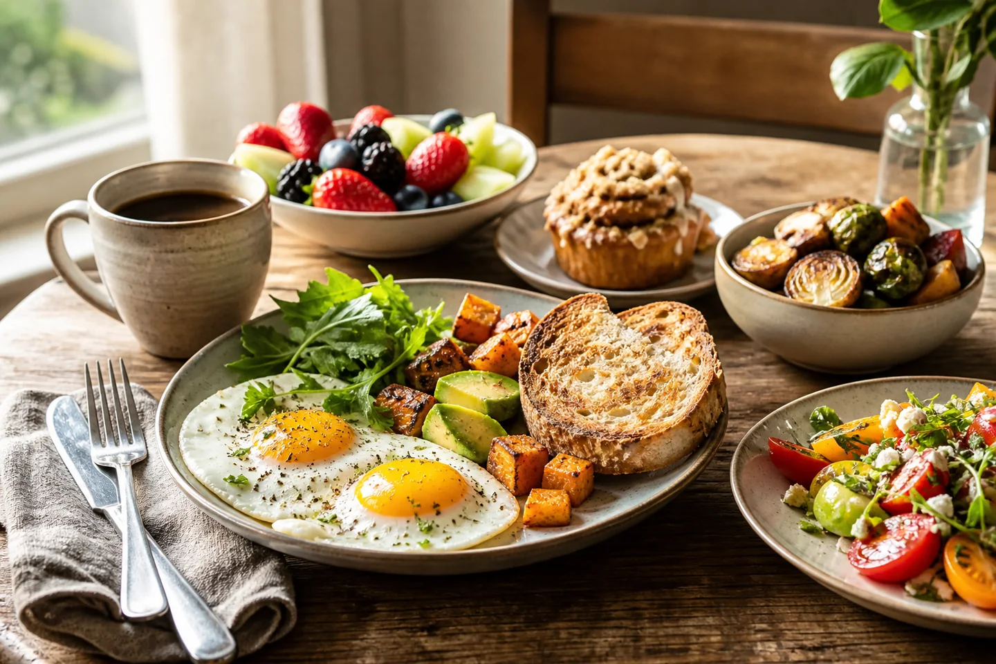 A prepared brunch table with savoury and sweet dishes