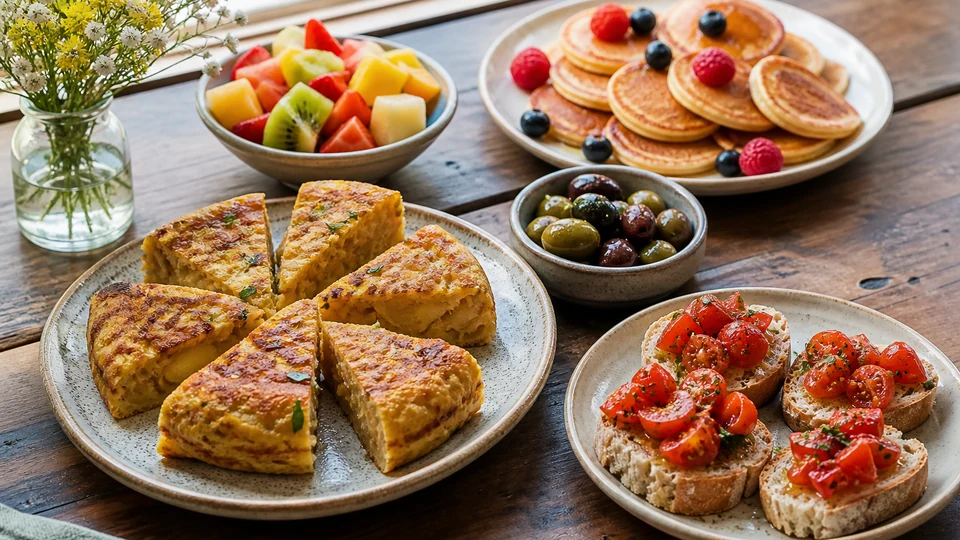 Brunch tapas with tortilla wedges, tomato toasts, mini pancakes, olives, and fruit.