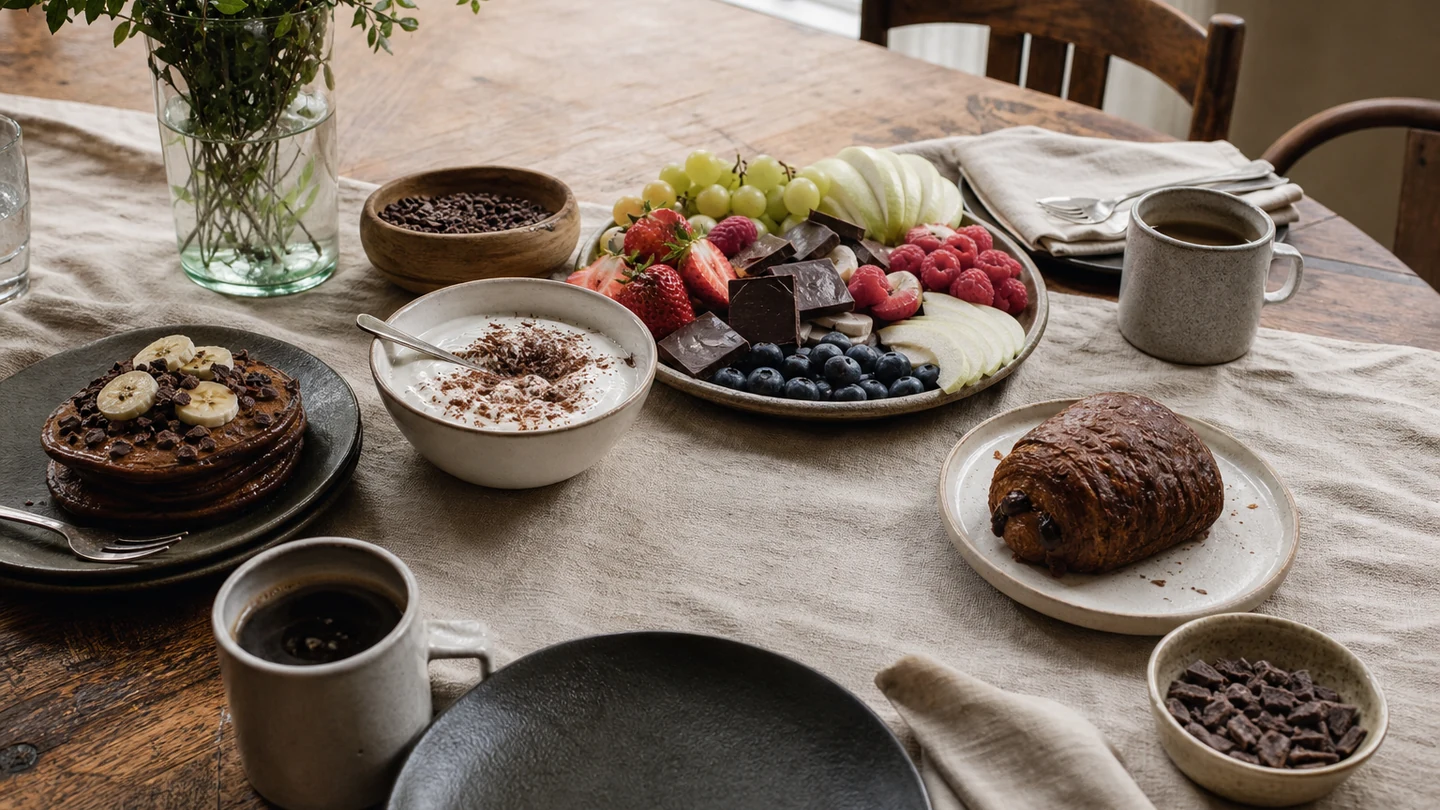 A shared chocolate brunch with cocoa pancakes, fruit, yogurt and pastry.