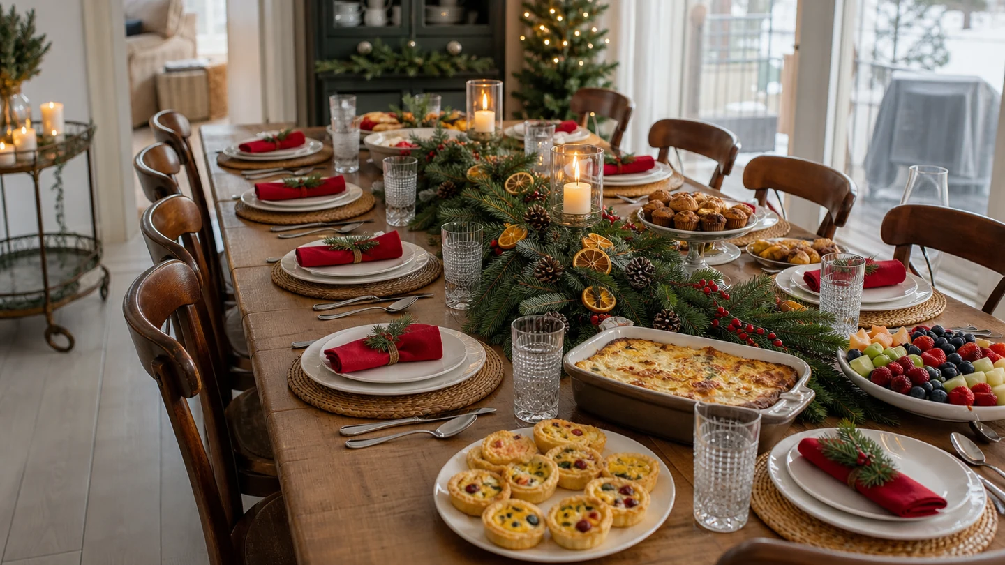 A practical Christmas brunch table set for twelve with clear service lanes.