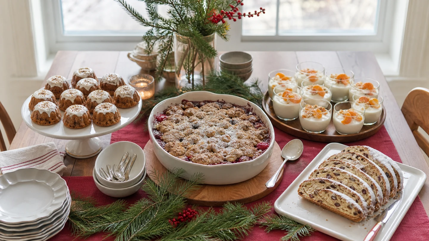 A Christmas brunch dessert station arranged for easy replenishment.