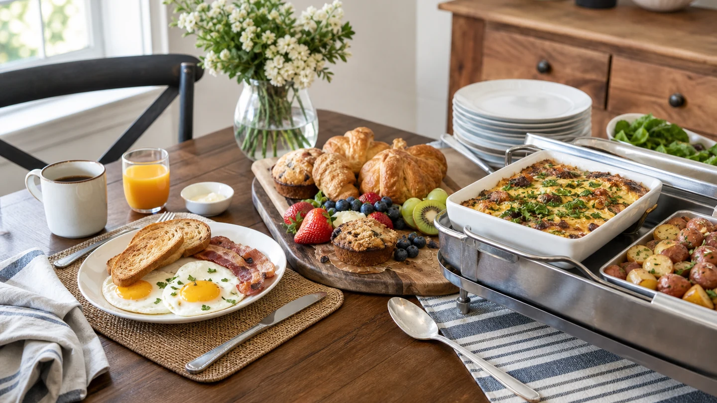 Classic brunch items arranged as plated, shared and buffet service formats.