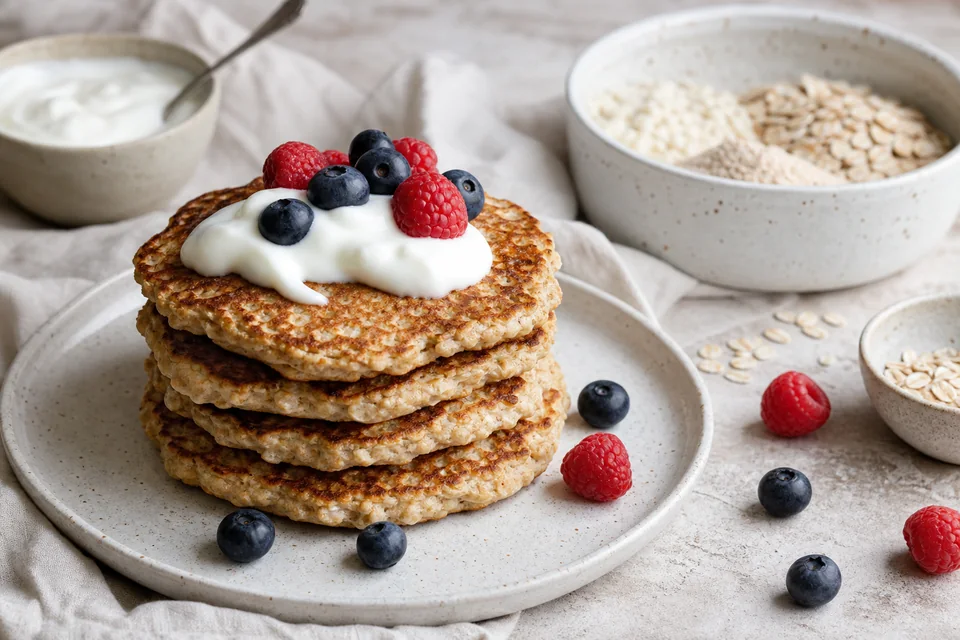 Cottage cheese oatmeal pancakes served for breakfast
