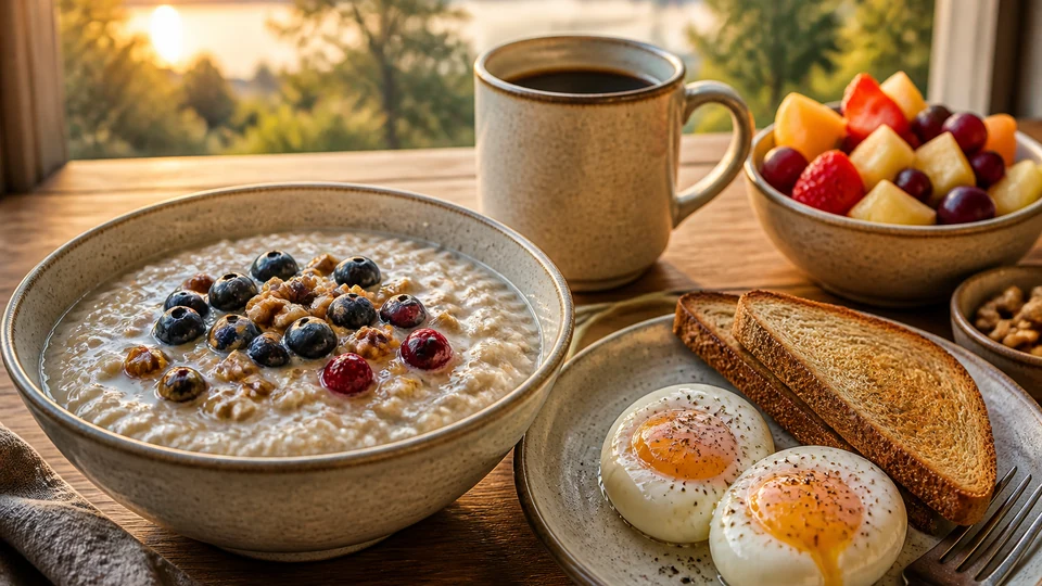 Early-morning breakfast with oatmeal, soft eggs, toast, fruit, and coffee.