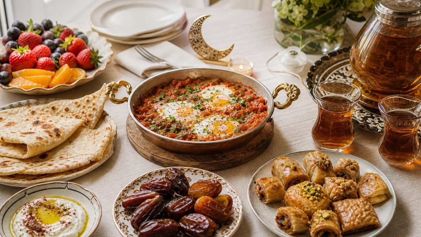 An Eid brunch table with savoury dishes, fruit, pastries and tea.