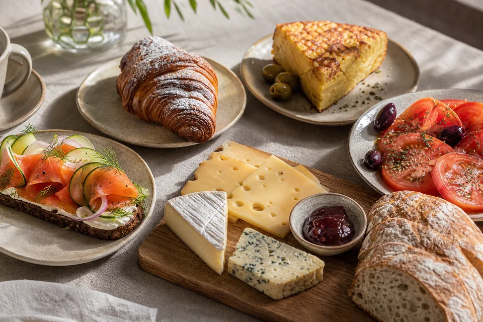 Brunch table set with breads, fruit and coffee