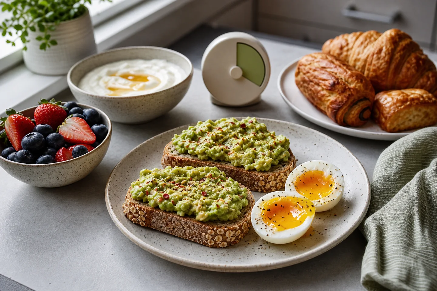 Prepared brunch table with a mix of quick-cook and cold components.