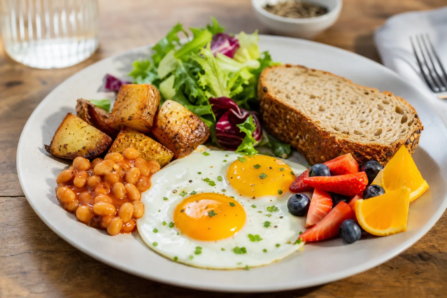 A prepared brunch table with a substantial main, bread, fruit and vegetables