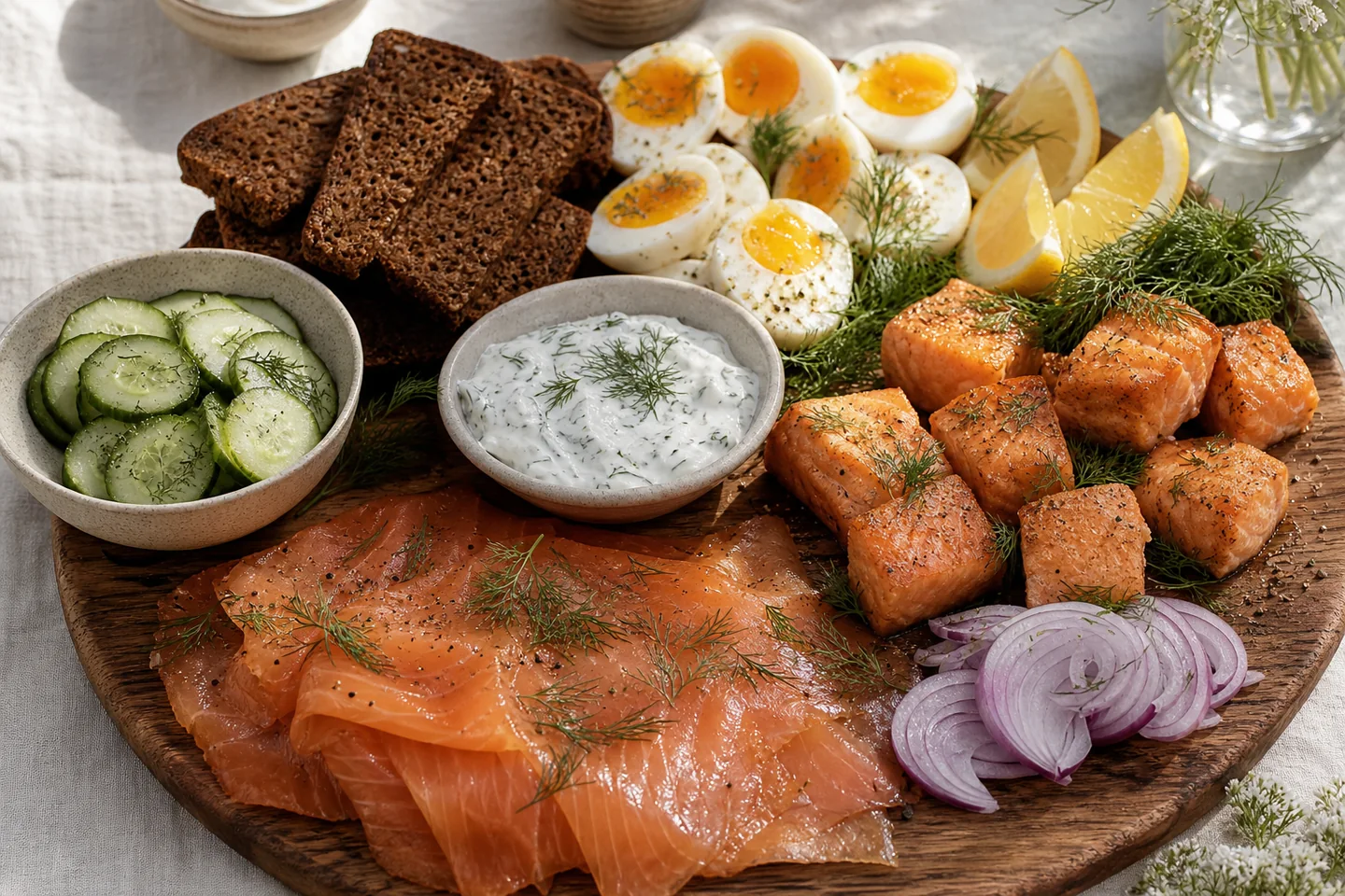 Fish brunch table with bread, greens and fish