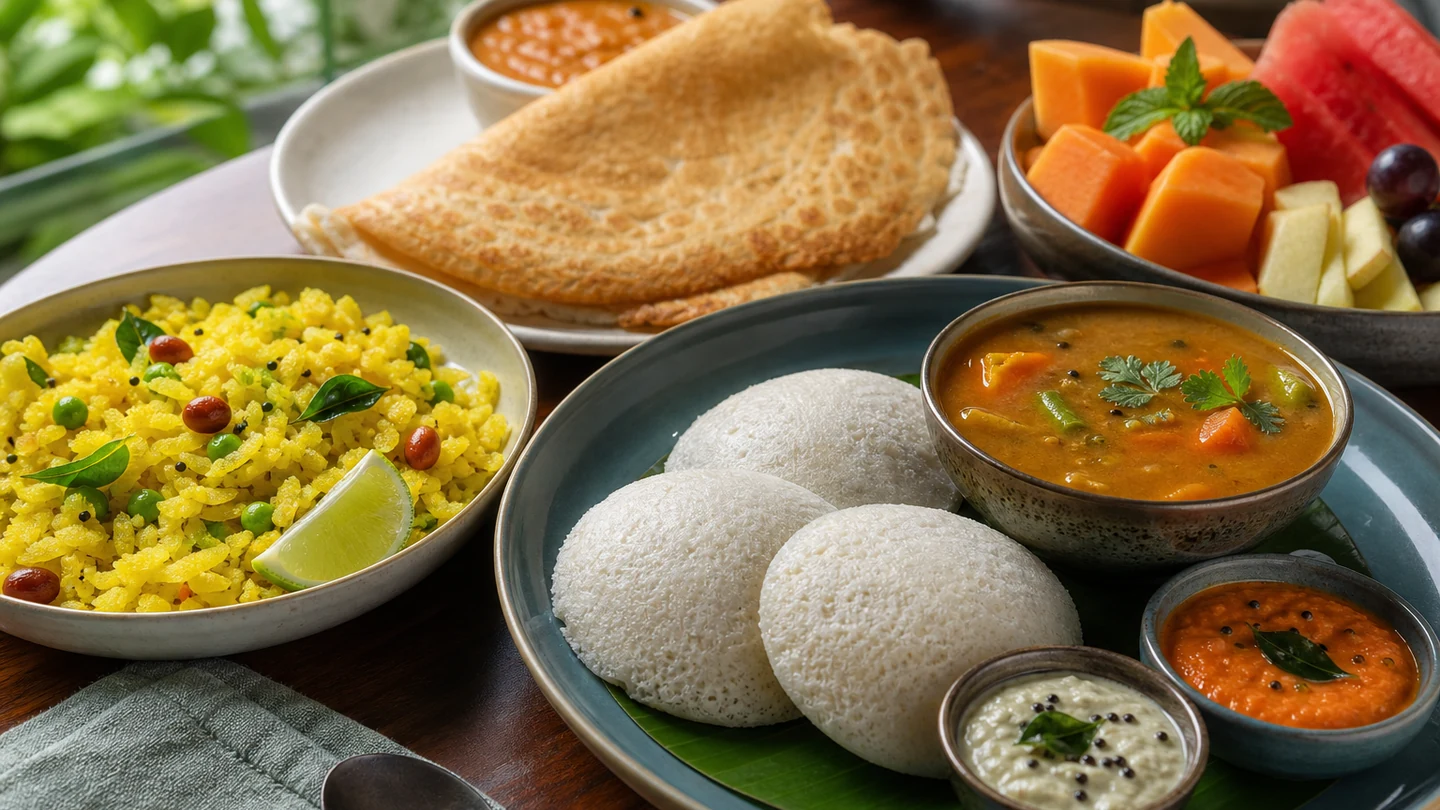 Indian breakfast options including poha, idli, dosa, fruit and sambar.