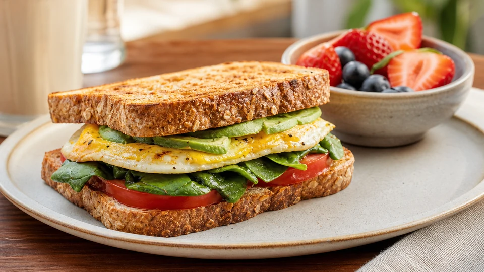 Breakfast sandwich with egg, spinach, tomato, avocado, and fruit.