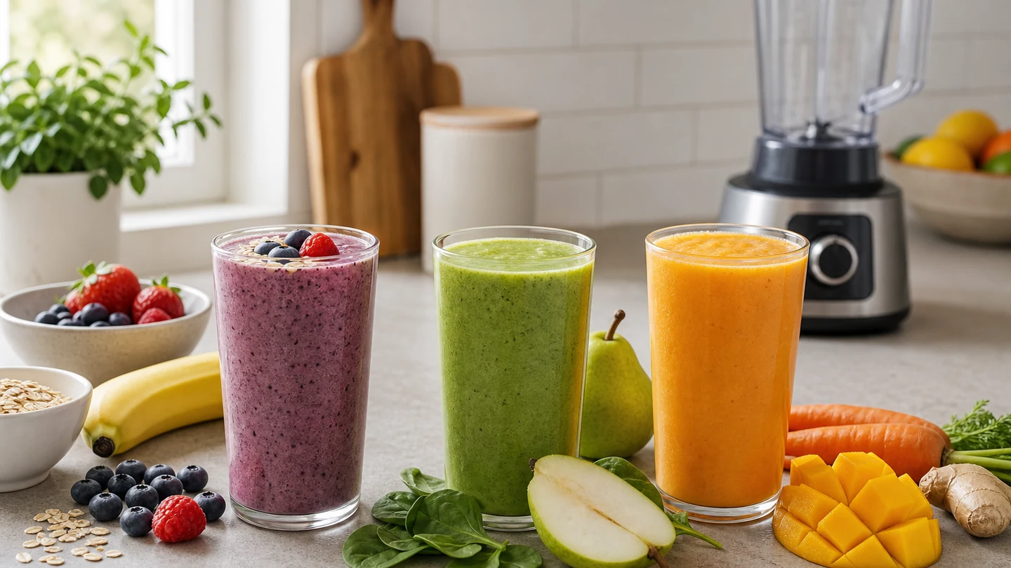 Three breakfast smoothies with visibly different fruit and vegetable bases.
