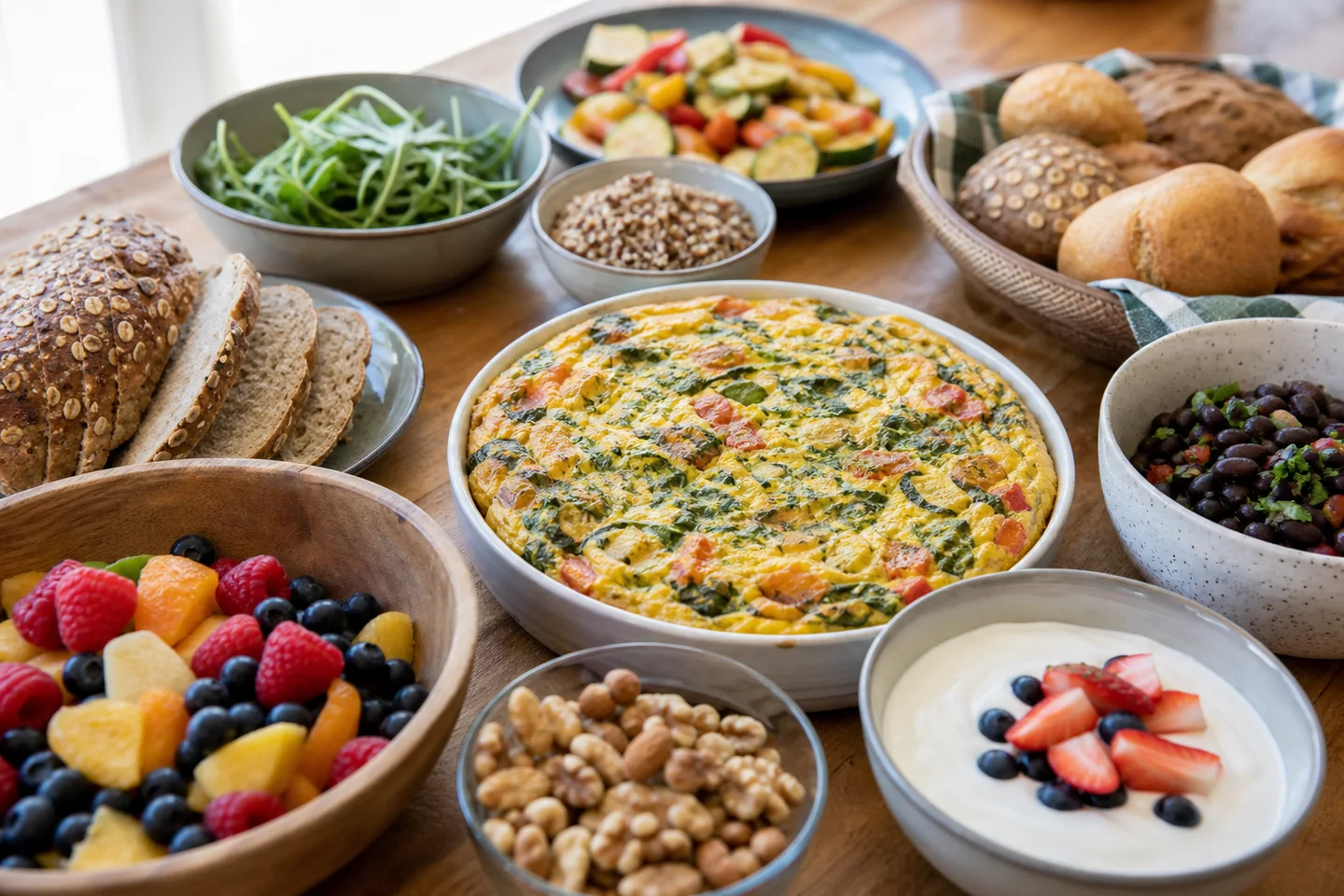 A route-specific brunch table with fruit, vegetables and batchable dishes