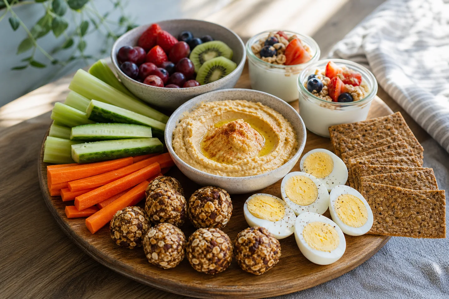 Healthy brunch snacks arranged as small toast, fruit, and bowl-based bites