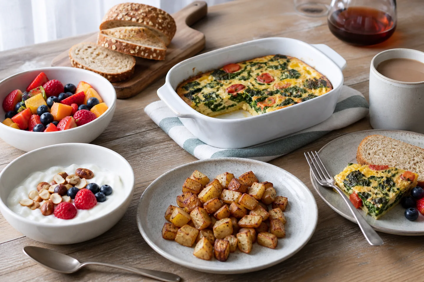 A route-specific Sunday brunch table with fruit, bread, and prepared dishes