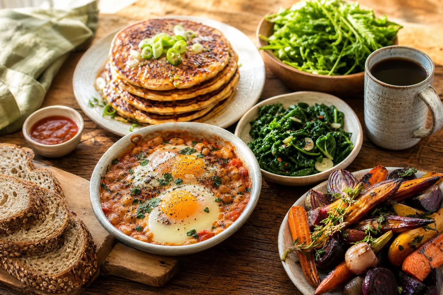 A substantial brunch spread with eggs, potatoes, bread and fresh produce