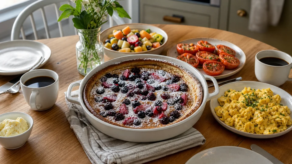 Homemade brunch for four with baked berry pancake, herb eggs, roasted tomatoes, fruit, and coffee.