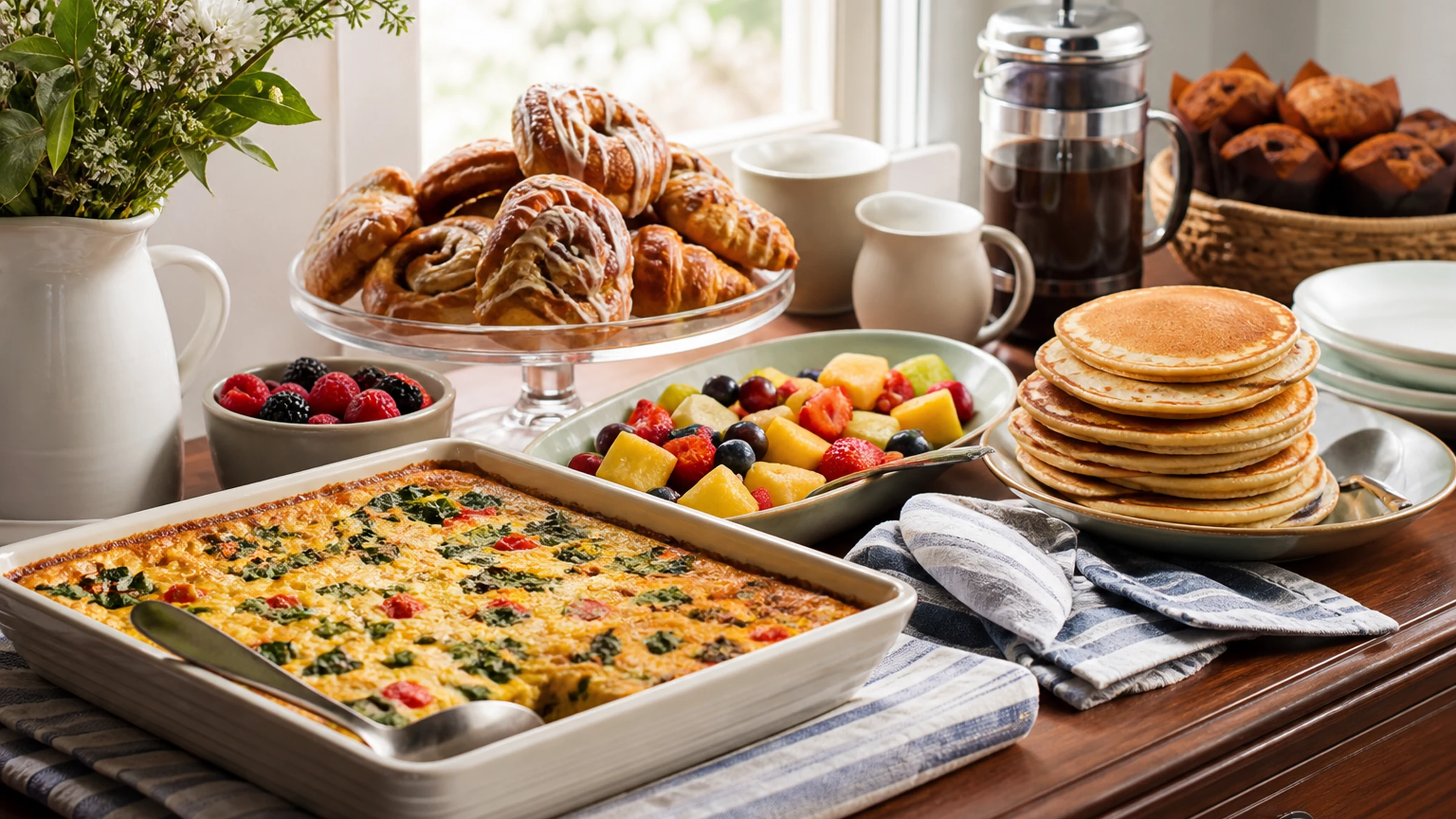 Hosted brunch buffet with egg casserole, pancakes, fruit salad, pastries, and coffee.
