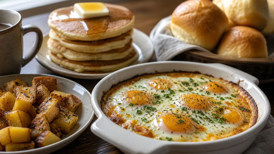 Hot brunch spread with baked eggs, breakfast potatoes, pancakes, and warm rolls.