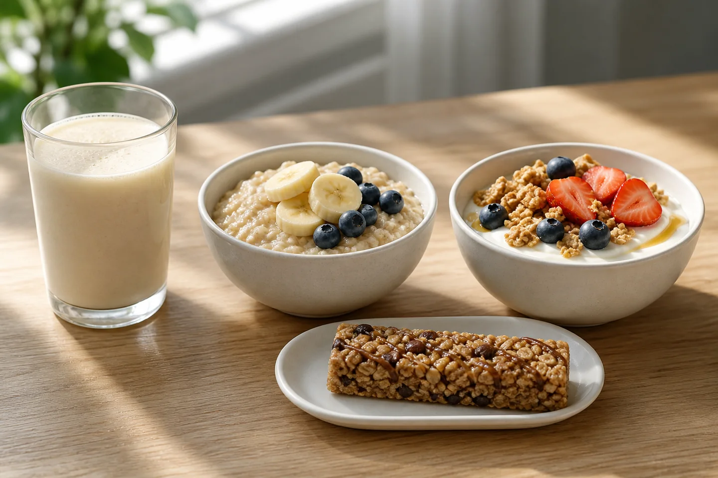 Prepared instant breakfast ingredients arranged for a quick morning meal