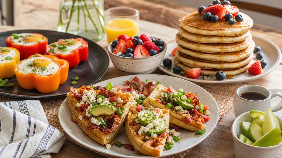 Inventive brunch table with savory waffle wedges, egg cups, fruit, and pancakes.