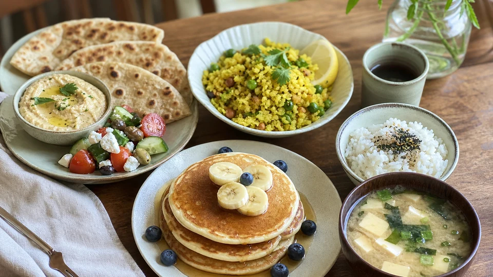 International brunch spread with Japanese, Indian, Mediterranean, and pancake dishes.