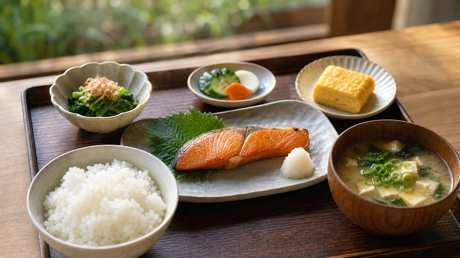 Japanese breakfast tray with grilled salmon, rice, miso soup, tamagoyaki, and pickles.