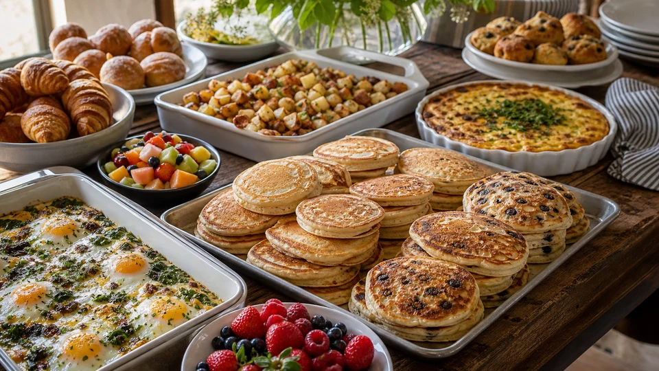 Large-group brunch buffet with pancakes, baked eggs, potatoes, fruit, and pastries.