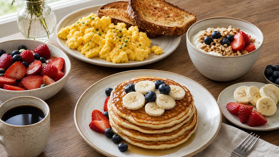 Quick brunch with scrambled eggs, toast, yogurt, fruit, and simple pancakes.