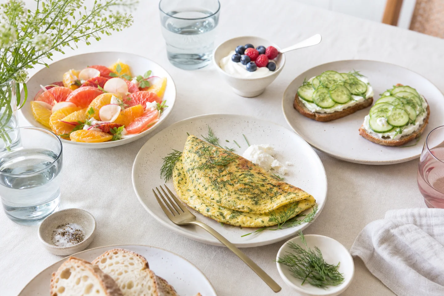 A light brunch setting with fruit, bread and a savoury centrepiece
